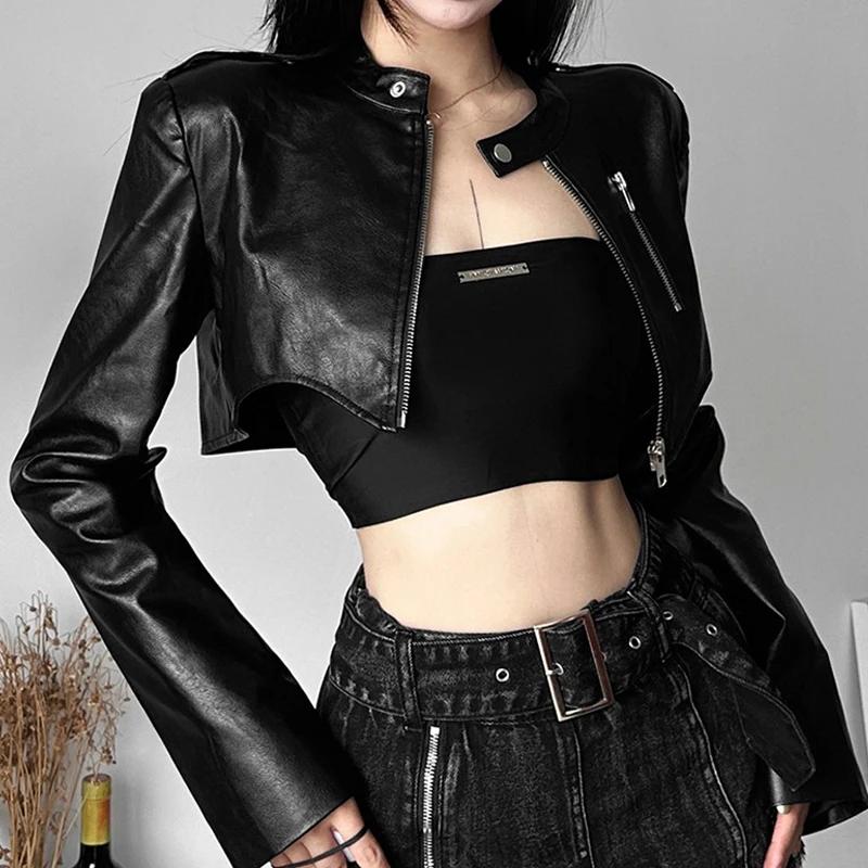 Women’s Real Leather Gothic Motorcycle Jacket (Black Punk Lapel Collar Style)