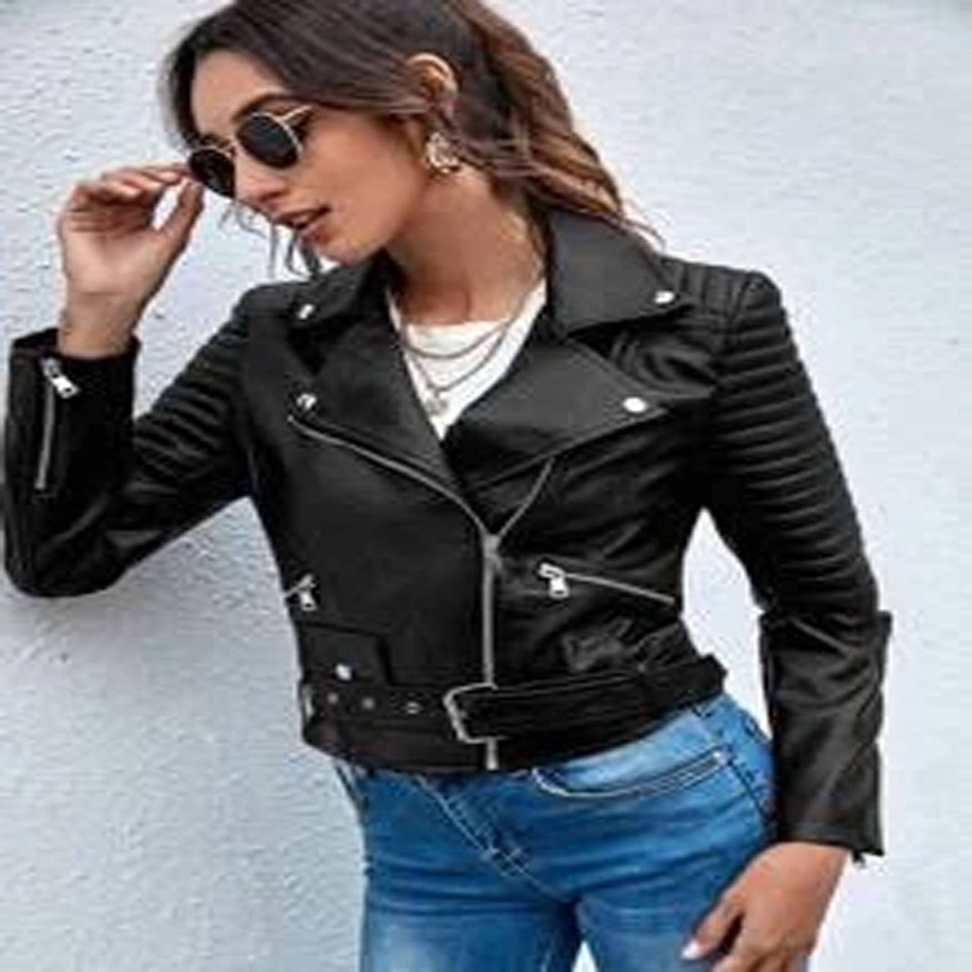 Lapel Collar Belted Zip Up PU Moto Jacket