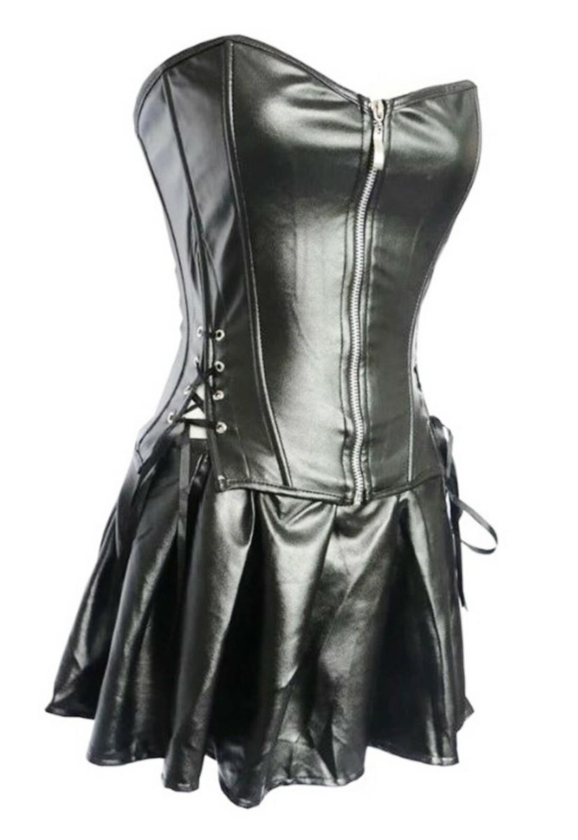 Women’s Black Leather Corset Dress (Lace-Up Waist Cincher Bodycon Style)
