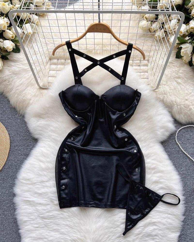 Women's Black Leather Lingerie Set - Queen Style Dress with Sexy Flirt Fashion Suit Look