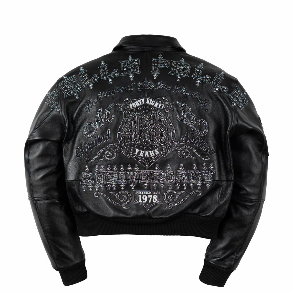 Rear of women's black leather jacket with large 48 crest, tonal lettering, silver-tone decorative accents and matching ribbed waistband.
