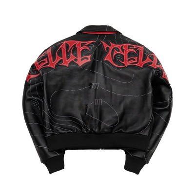 Women's black leather contour stitch bomber jacket, back view with red Gothic lettering across the shoulders and ribbed cuffs and hem.