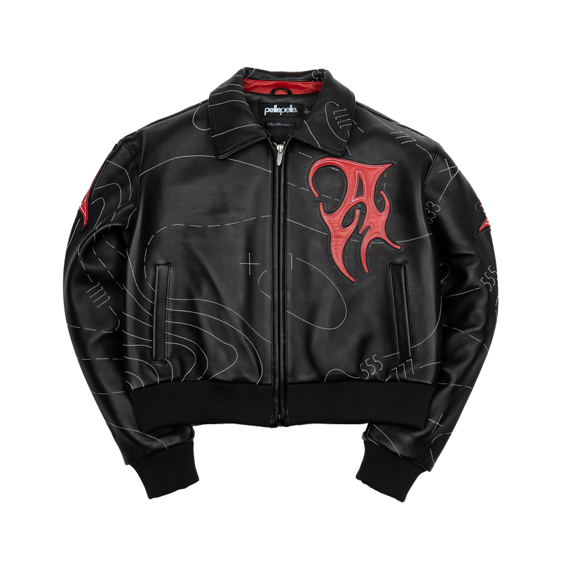 Women's black leather contour stitch bomber jacket, front view with red chest applique, pointed collar, zip closure and two welt pockets.