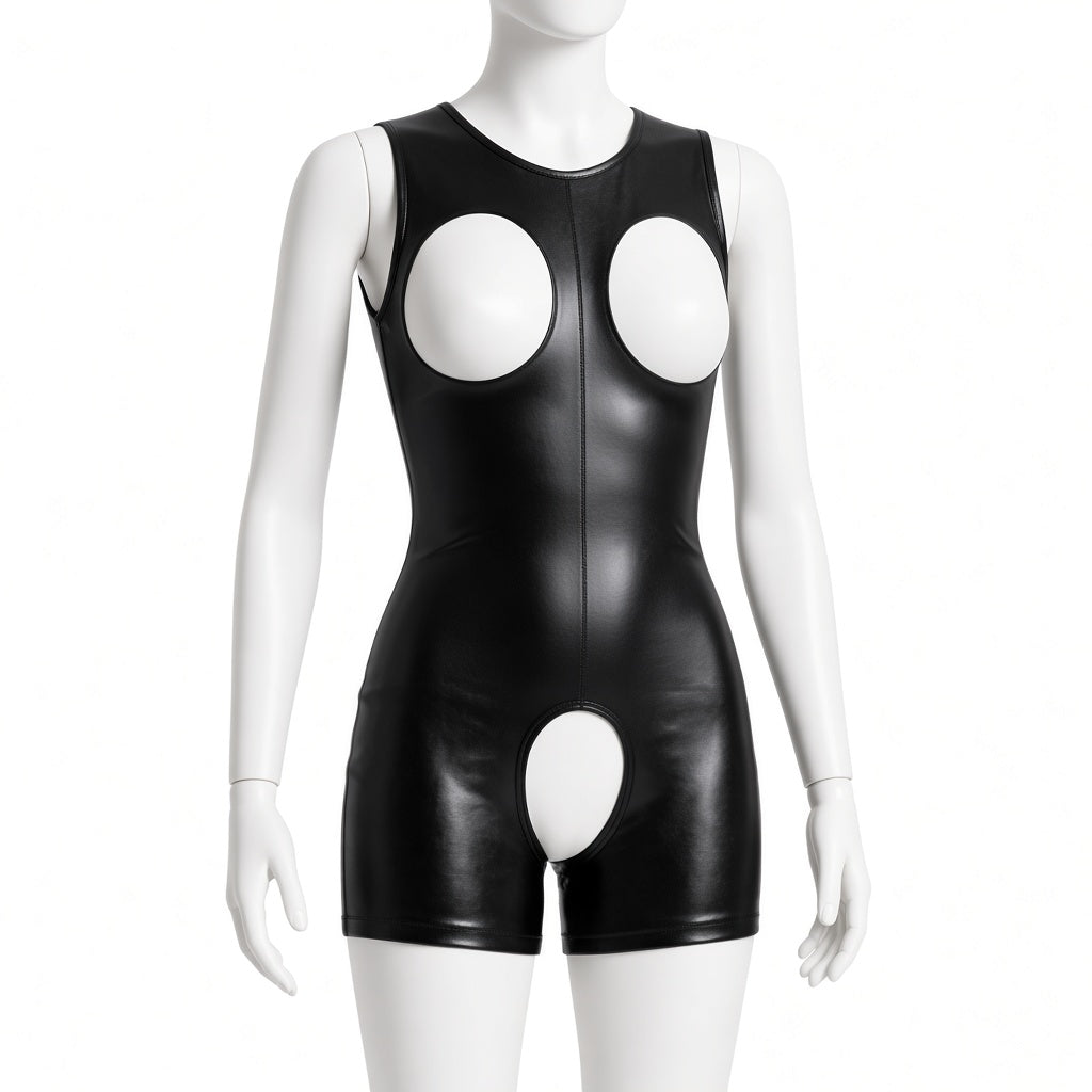 Front view of women's black genuine leather sleeveless cutout romper with round neckline, circular openings and fitted short legs on a mannequin.