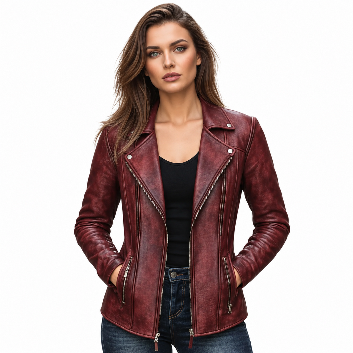 Front view of women's burgundy genuine leather moto jacket with snap lapels, asymmetric front zipper, zip pockets and a mottled finish.