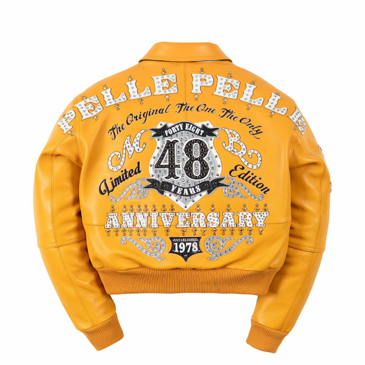 Rear of women's maize yellow leather jacket with large 48 crest, white lettering, silver-tone embellishments and matching ribbed hem.