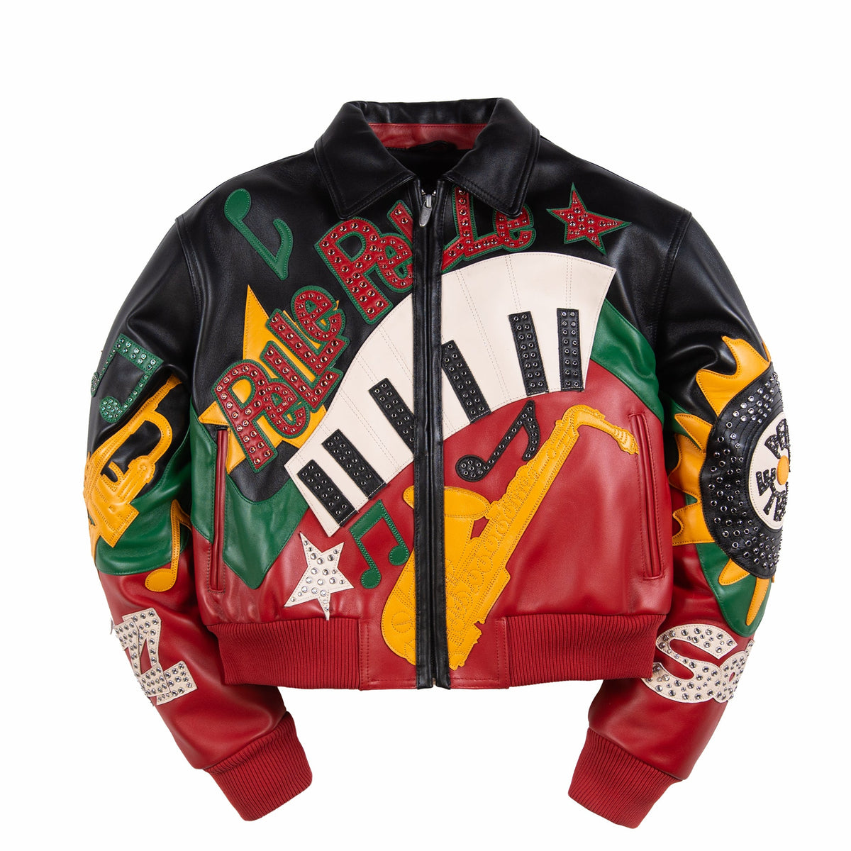 Front of women's multicolor genuine leather music jacket with piano keys, saxophone applique, jeweled lettering and red ribbed hem.