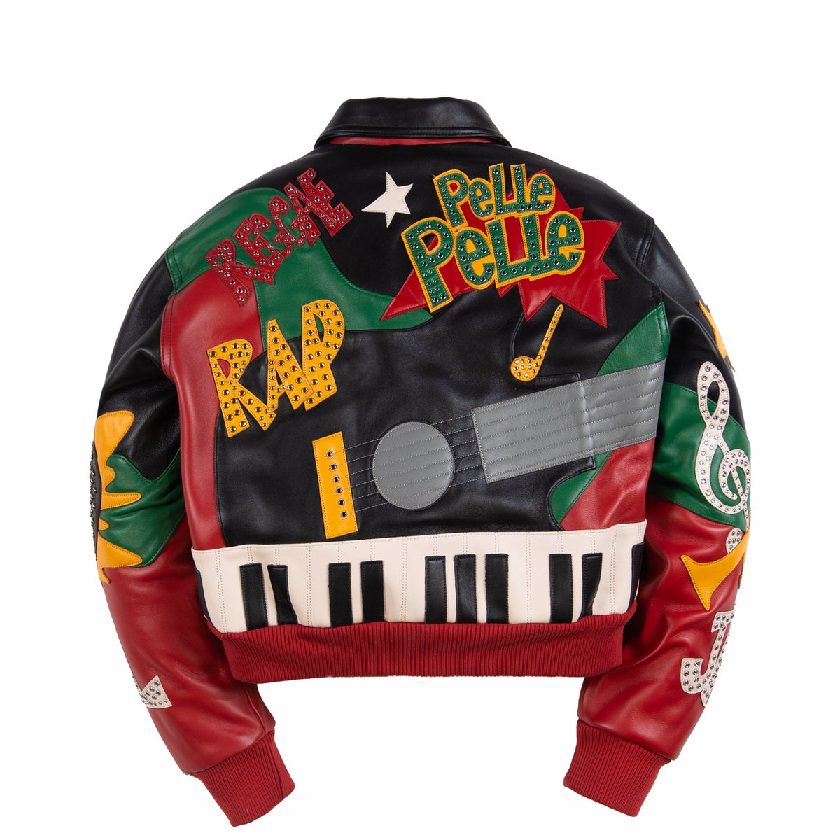 Rear of women's black, red and green leather jacket with guitar and keyboard applique, music lettering and decorative stone details.