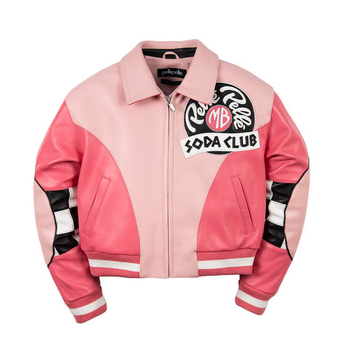Front of women's pink color-block genuine leather jacket with pale pink collar, coral panels, black and white accents and striped ribbed trim.