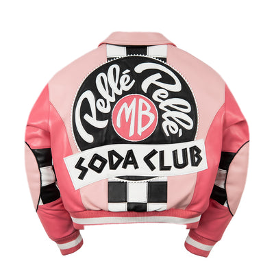 Rear of women's pink leather jacket with large round black applique, white script lettering, checkerboard stripe and matching ribbed hem.