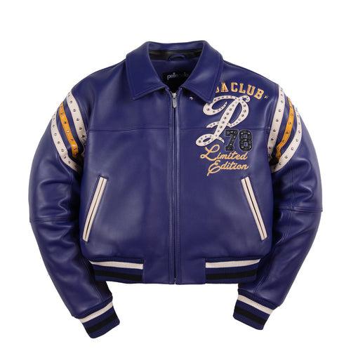 Front of women's purple genuine leather varsity jacket with cream and gold shoulder stripes, embellished P78 motif and striped ribbed trim.