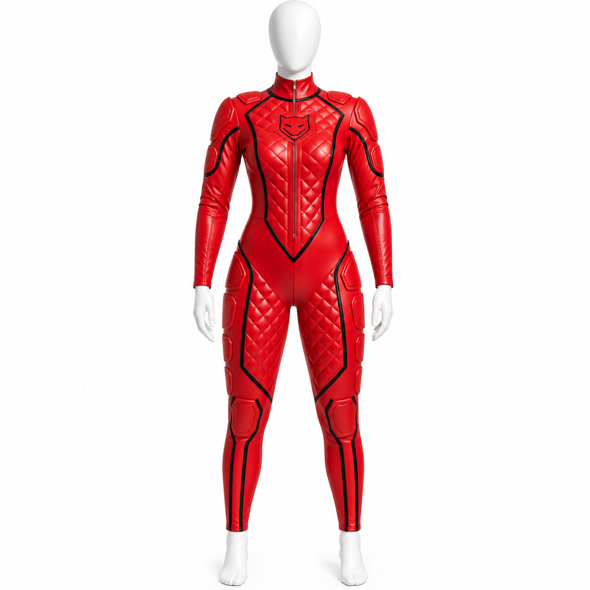 Front view of women's red genuine leather quilted catsuit with black piping, high collar and sculpted shoulder and knee panels on a mannequin.
