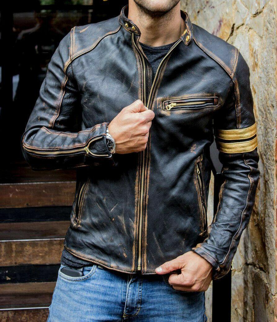 Man's Real Handmade Plain Cowhide Vintage Cafe Racer Black Leather Biker Jacket