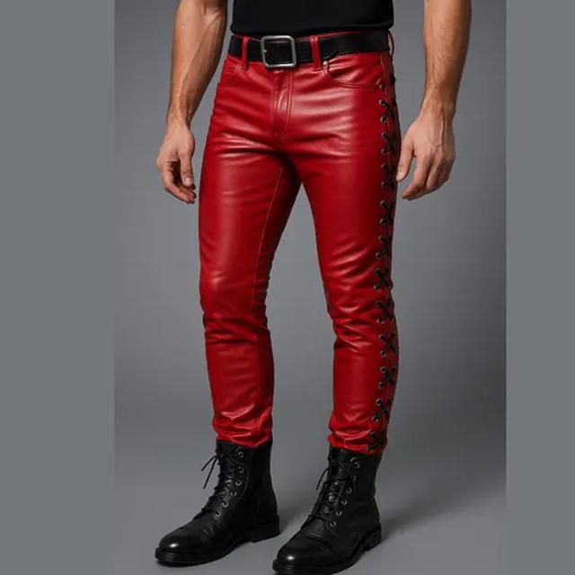 Men’s Red Real Leather Biker Pants (Jeans Style Motorcycle Trousers)
