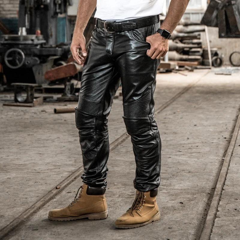 Men’s Quilted Black Leather Biker Pants (Motorcycle BLUF Uniform Style Trousers)